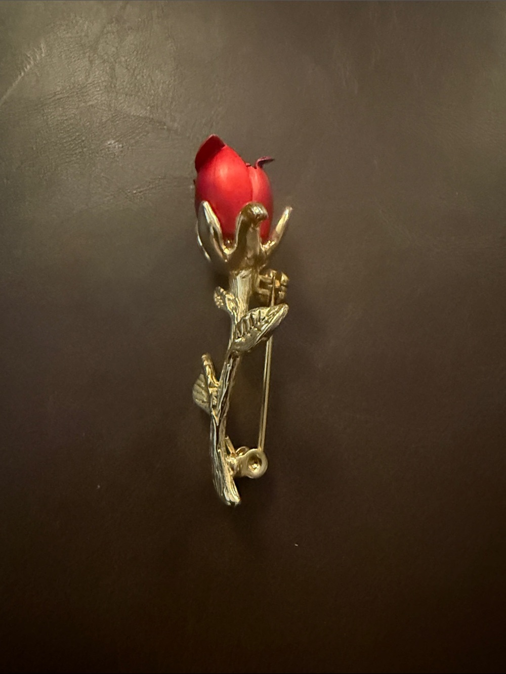 Gold Stem Red Rose Brooch - Elegant Women’s Pin